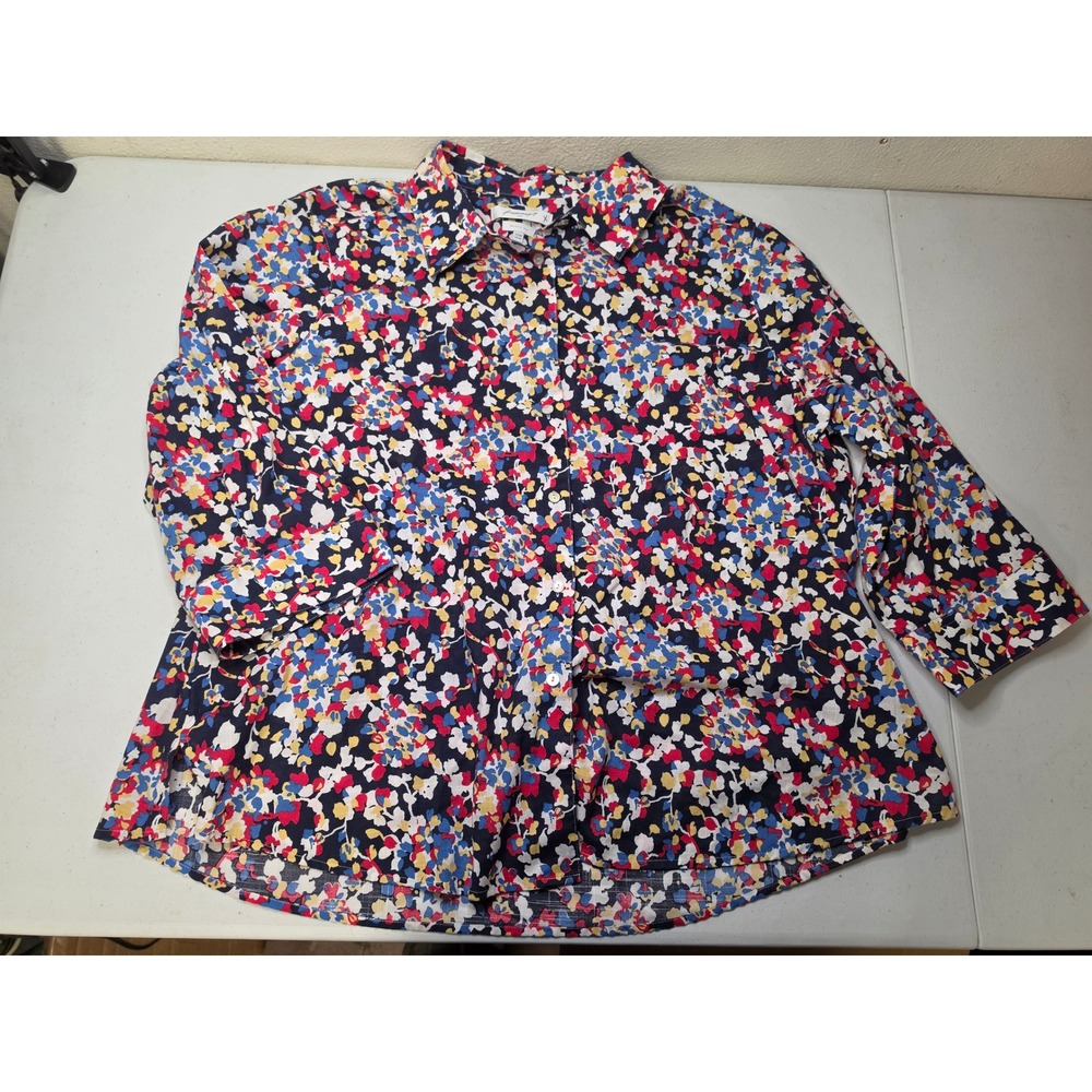 Foxcroft NYC 22W Shaped Shirt Floral Wrinkle Free 3/4 Sleeve Cotton Navy Multi